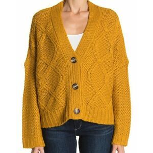 RDI women's Cozy Fisherman Cable Knit Cardigan Button Front Gold Yellow size S